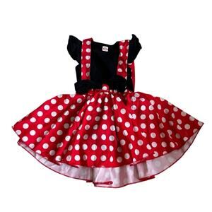 Little Girls Baby Girl Red & Black Polkadot Skirt w/ Overalls & Black Bodysuit